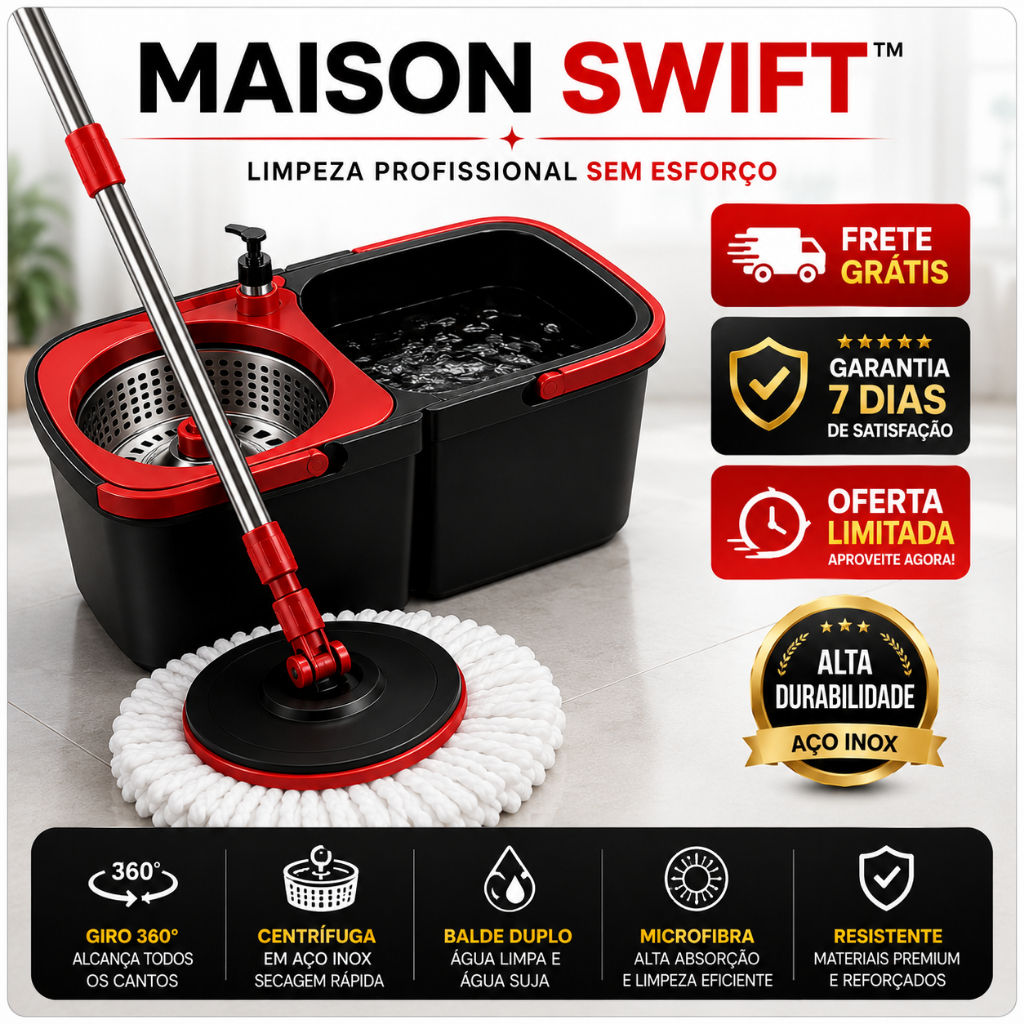 Mop Giratório Maison Swift 360° Balde Duplo Centrífuga Aço Inox Limpeza Prática Rápida
