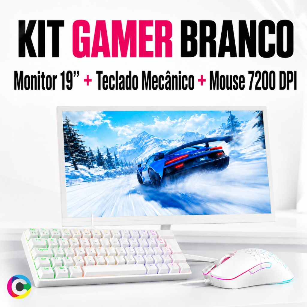 Kit Gamer Branco Monitor 19” Teclado Mecânico LED Mouse Gamer 7200 DPI RGB Rainbow conexões HDMI VGA