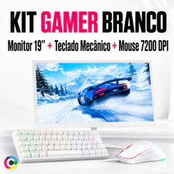 Kit Gamer Branco Monitor 19” Teclado Mecânico LED Mouse Gamer 7200 DPI RGB Rainbow conexões HDMI VGA