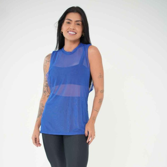 Regata Academia Feminina, Regatão de Tule Blusa Moda Fitness Tampa Bumbum