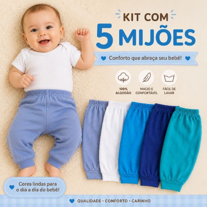 🏆 Kit com 5 Mijões Bebê Menino – Fio 30 100% Algodão | Calça Confortável e Durável | Cores Sortidas | P ao G
