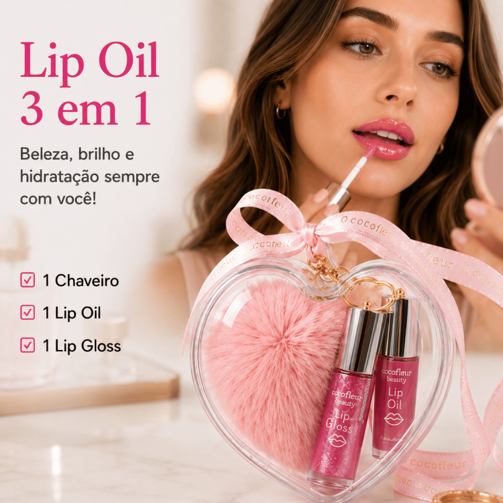 CocoFleur Lip Oil 3 em 1 com Chaveiro de Coração + Lip Gloss Hidratante Portátil Rosa Claro Médio Pink