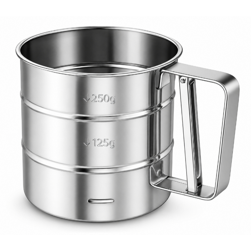 PENEIRA POLVILHADOR INOX C/GATILHO FARINHA AÇÚCAR TAPIOCA TEMPEROS 250G
