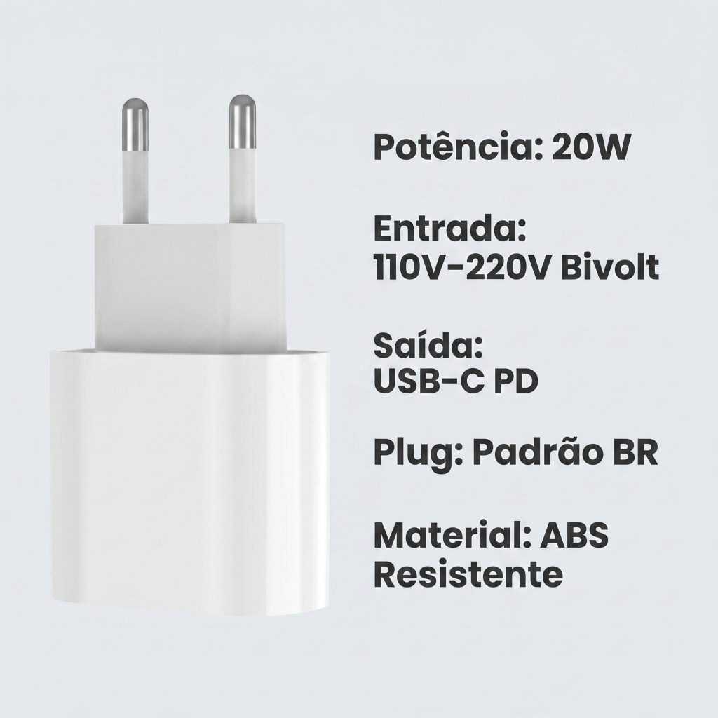Fonte Carregador 20W USB-C PD  Turbo Power Delivery  para iPhone 11 12 13 14 15 16 17 PRO PLUS AIR PROMAX