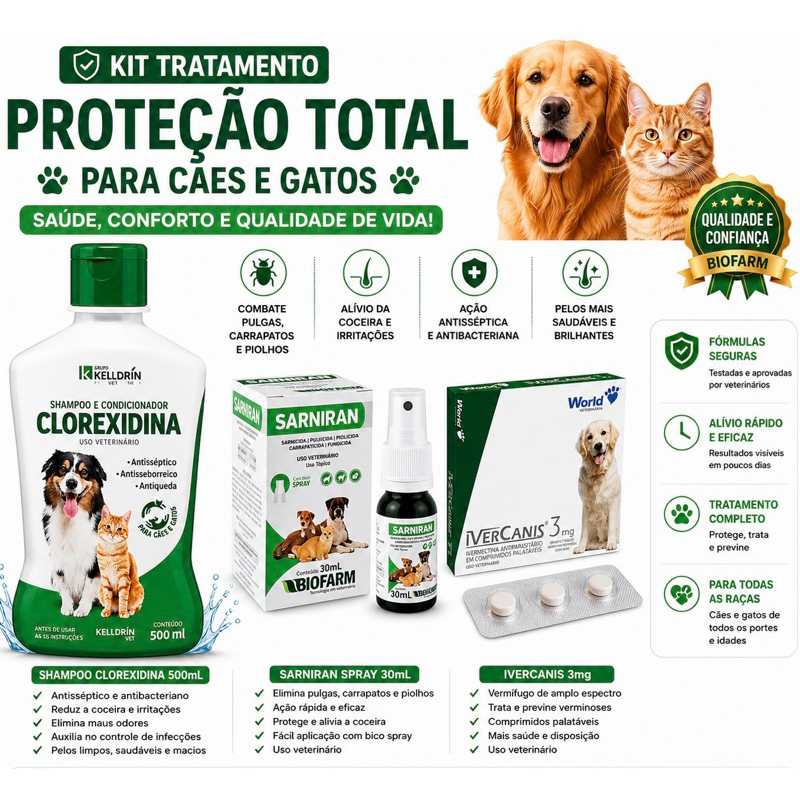 Kit Tratamento Completo Dermatite Atópica Canina Shampoo Clorexidina Kelldrin + Sarniran 30ml + Ivercanis 3mg