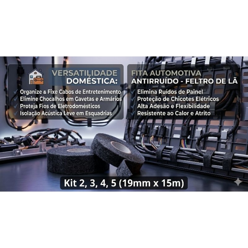 KIT 2 Fitas Isolante TECIDO Chicote RESISTENTE 19mm x 15m ANTICHAMA Isolamento Som Automotivo CABOS