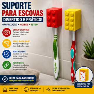 Kit 2 Suporte Para Escova De Dente Estilo Lego Porta Escovas Organizador Banheiro Infantil Divertido Com Fita 3M