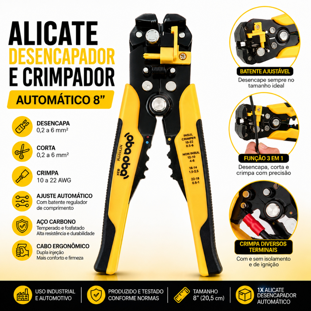 Alicate Desencapador e Crimpador de Fios Automático Profissional 8" Eletricistas e Telecomunicações