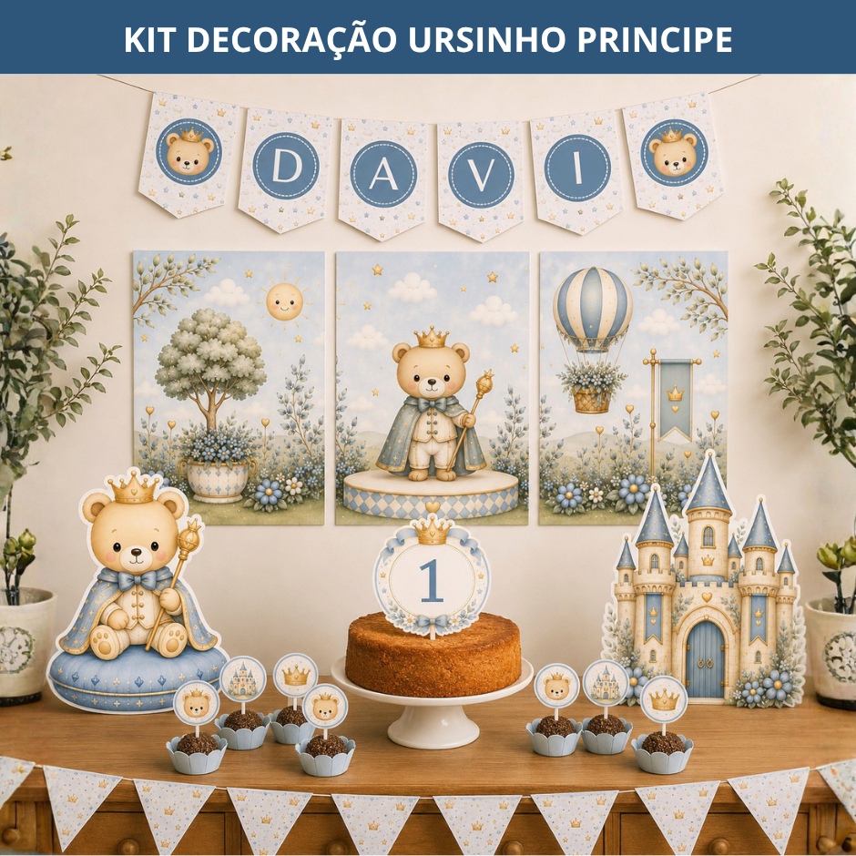 Decoração Festa Menino Ursinho Principe I Kit Festa Personalizado Só um Bolinho I Aniversário I Mesversário