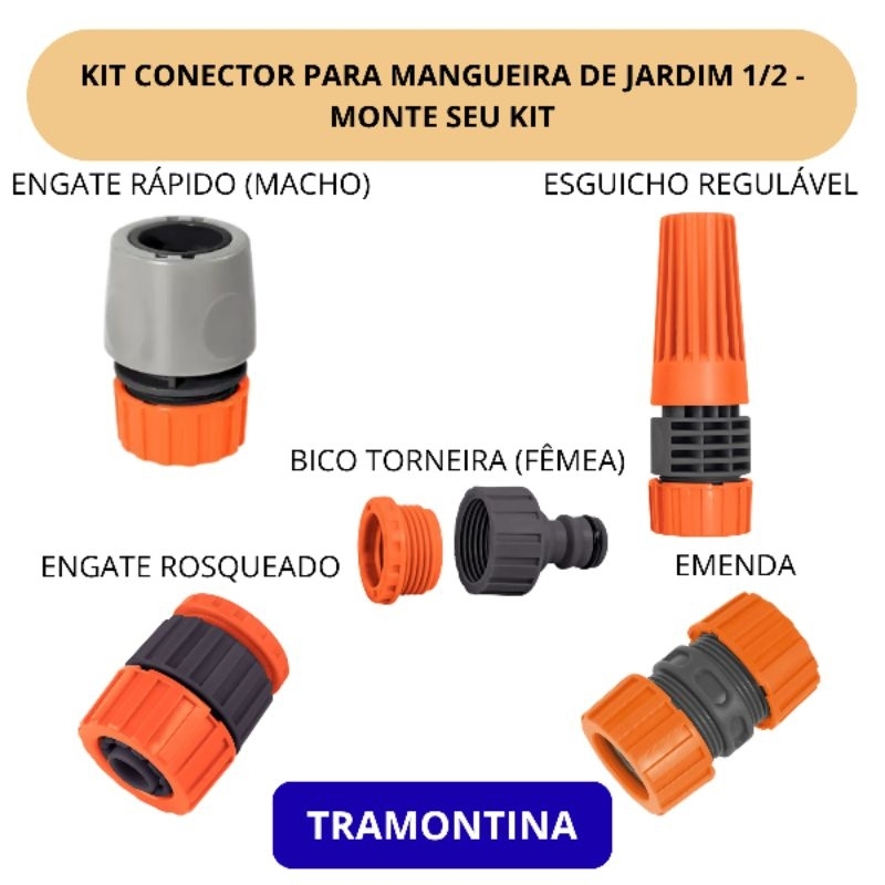 Kit Conector Para Mangueira De Jardim 1/2 Engate Rápido Esguicho Regulável Emenda Rosqueado Tramontina Monte Seu Kit