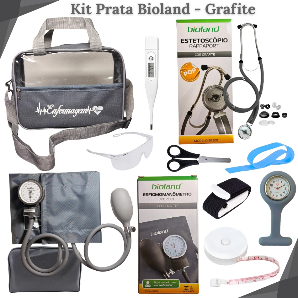 Kit Enfermagem Prata Completo c/ Bolsa Transparente, Estetoscópio, Relógio, Esfigmo e Material de Bolso