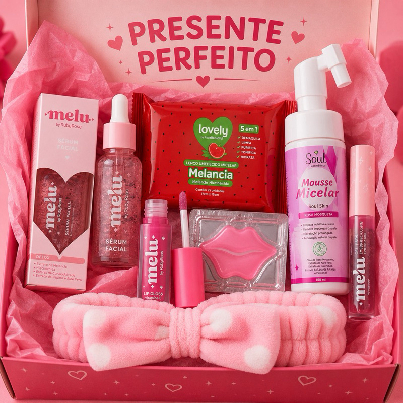 Kit Skincare Feminino Melu Ruby Rose  7 Itens Completo Menina + Gloss + Sérum + Mousse Micelar + Presente Rosa