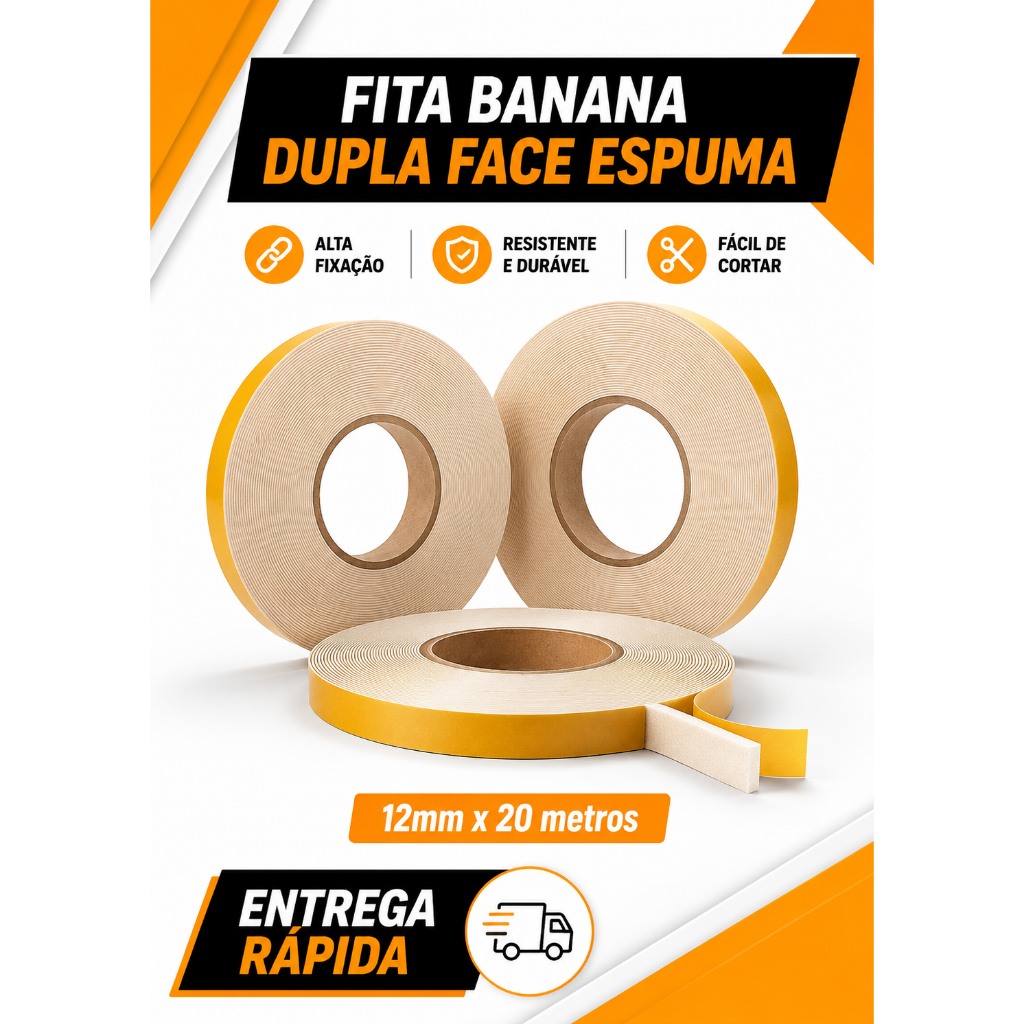Fita Banana dupla face espuma 12mm x 20 metros