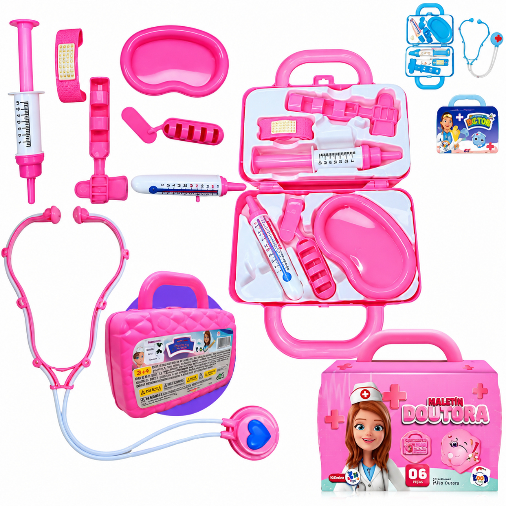 Kit Maletinha de Médico Infantil Kit Médico Mini Doutora e Doutor Brinquedo Educativo 7 Peças