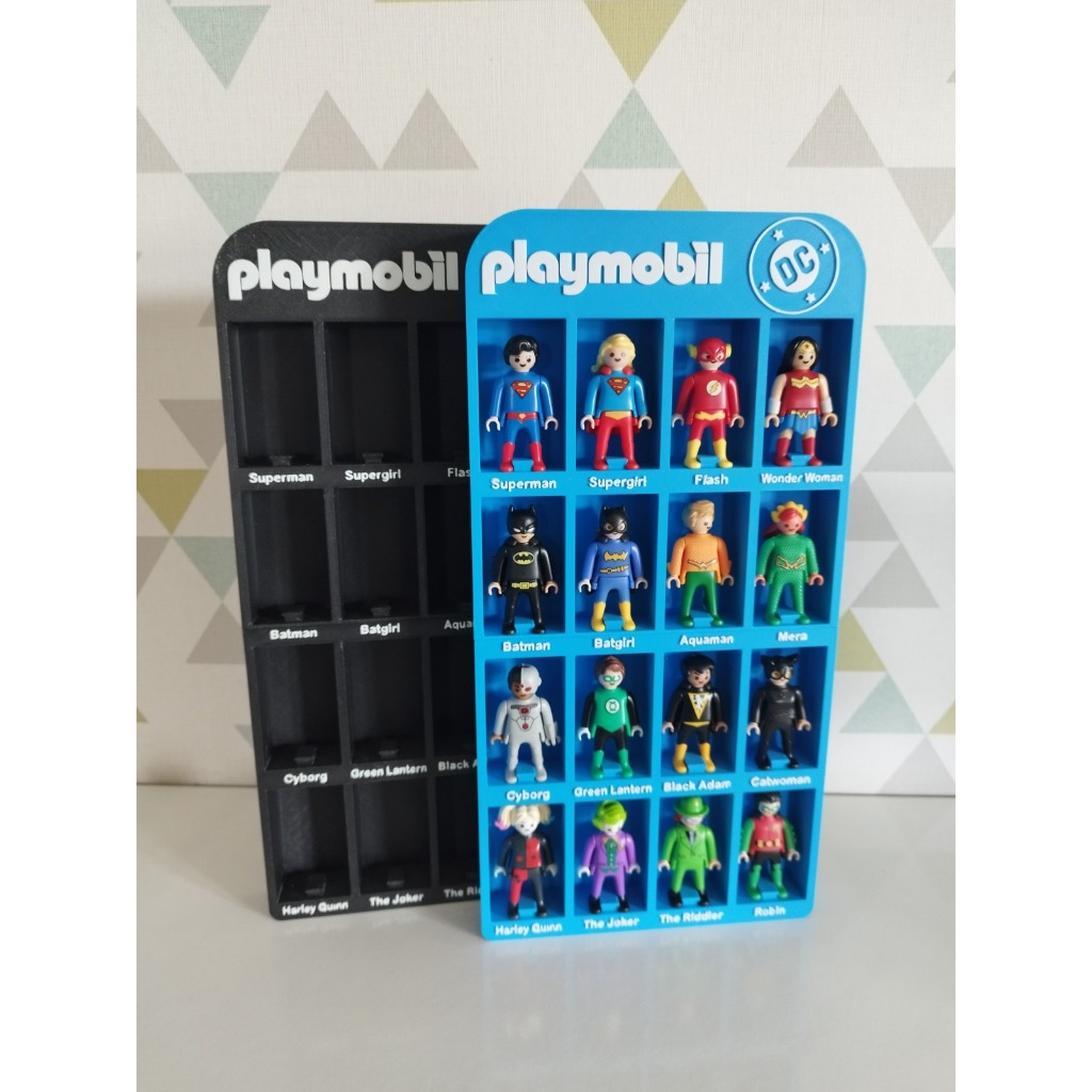 Expositor Organizador DC Para 16 Bonecos Playmobil Decoração Colecionável Azul Preto Rosa