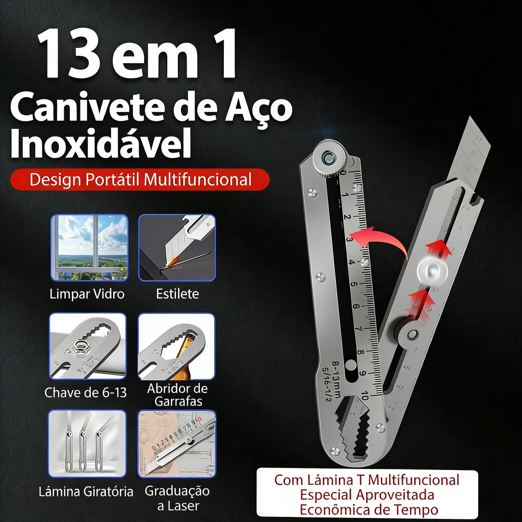 Estilete Multifuncional 18mm em Aço Inoxidável Reforçado com Régua, Chave, Trava de Segurança + Kit com 10 Lâminas