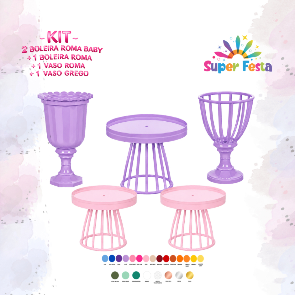 KIT com 1 Boleira Roma, 2 Boleiras Roma Baby, 1 Vaso Roma e Mais 1 Vaso Grego (Decoração para Festas e Aniversário)