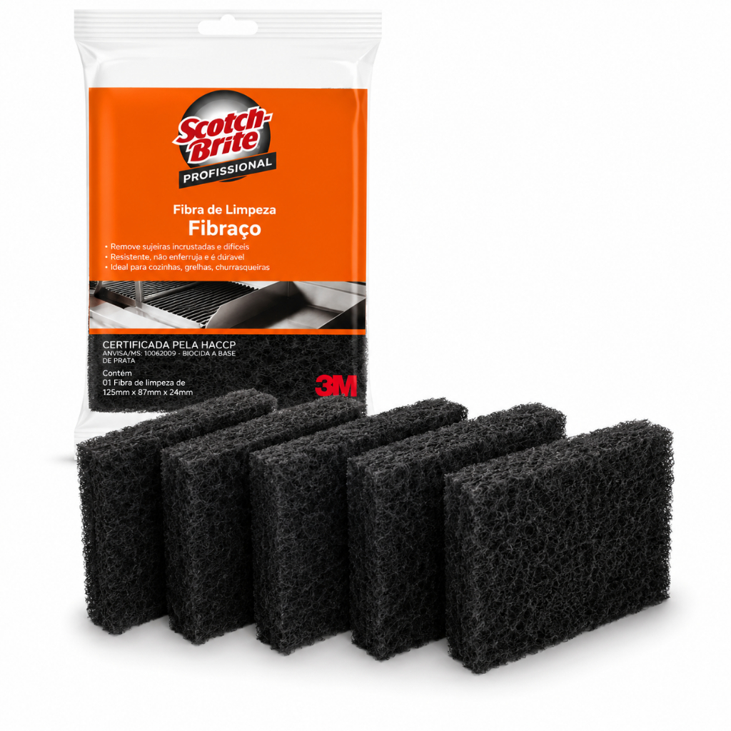 Kit 5 Fibra Limpeza Pesada 3M  - Churrasqueira Grelha Chapa Cozinha Industrial