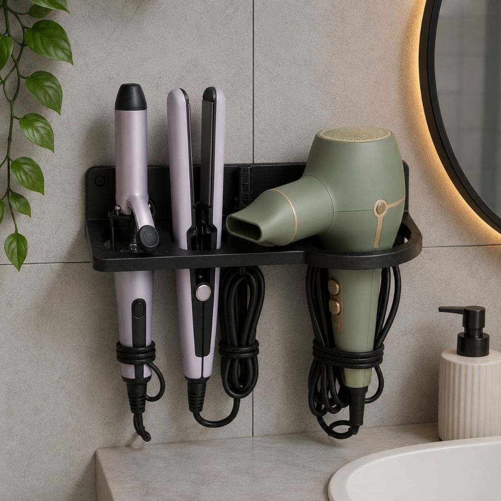 Suporte Multifuncional Para Secador Chapinha Babyliss Organizador Preto De Parede Salao Banheiro