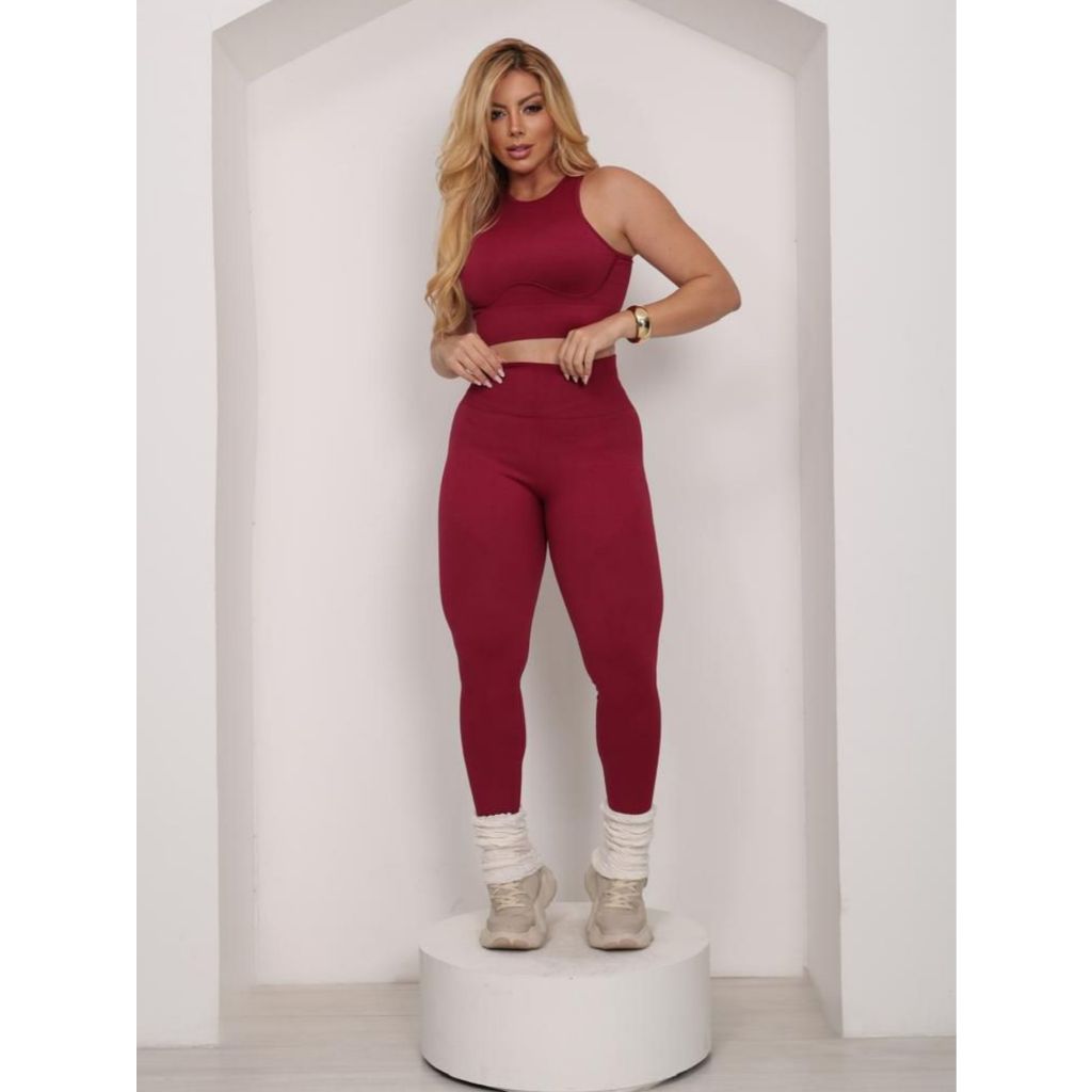 Conjunto Fitness Premium Canelado Feminino Sem Costura Top e Legging Modeladora Cintura Alta Academia Moda Gringa