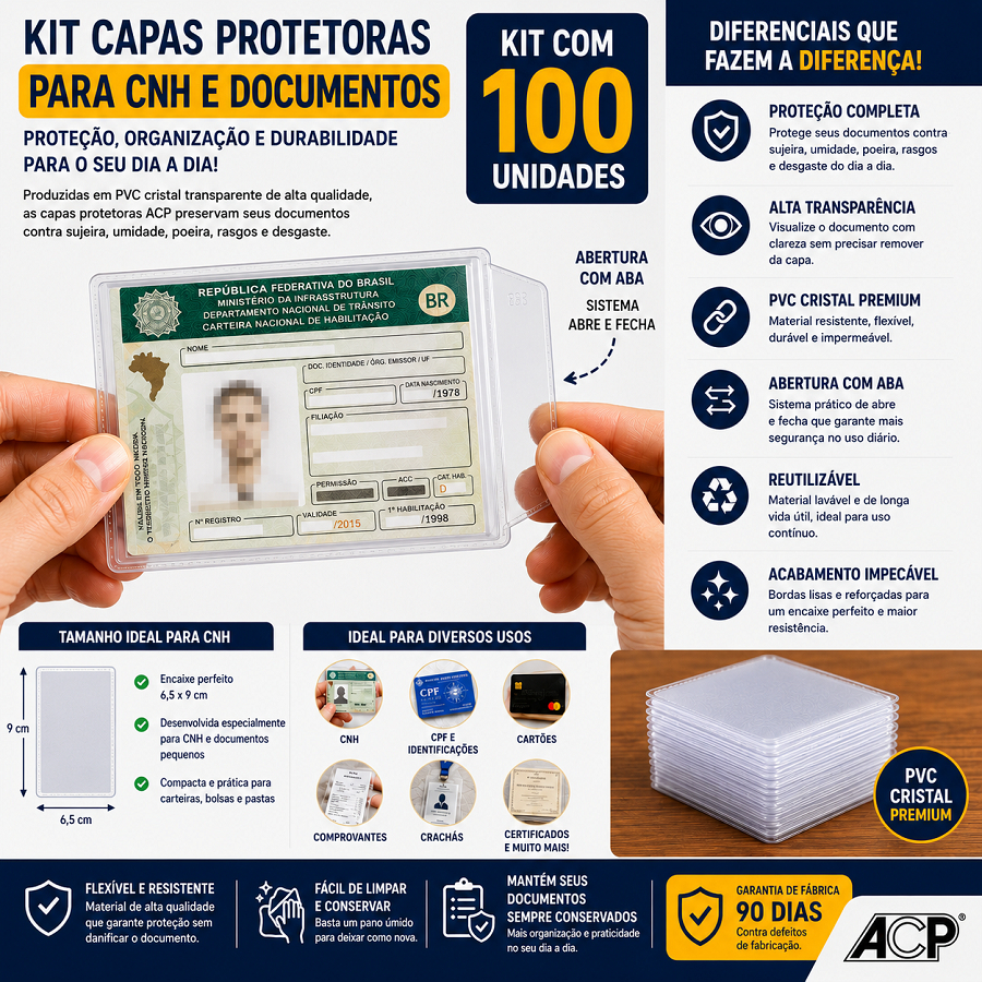 Kit 100 Capas Porta Documentos CNH Tamanho 6,5x9cm Plástico Resistente Transparente Cristal ACP Aba — imagem 2 de 2