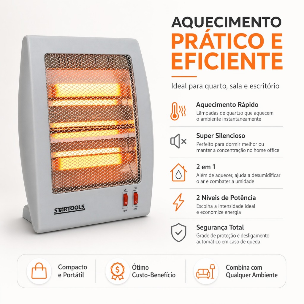 Aquecedor Elétrico Mini Portátil 3 Níveis 110v Startools Aquecedor Elétrico Doméstico 1000w
