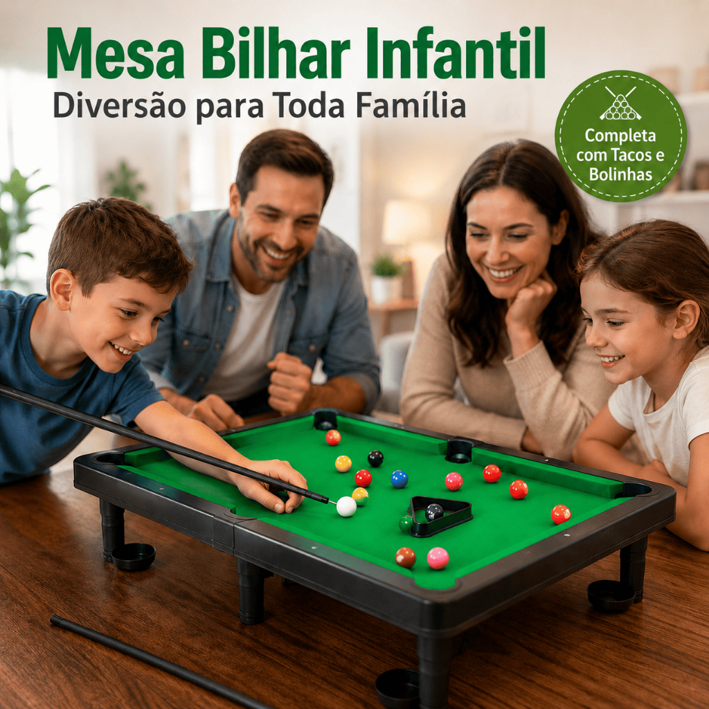 Mesa de Bilhar Infantil Portátil Snooker Sinuca Brinquedo com 2 Tacos 11 Bolas e Triângulo Completa