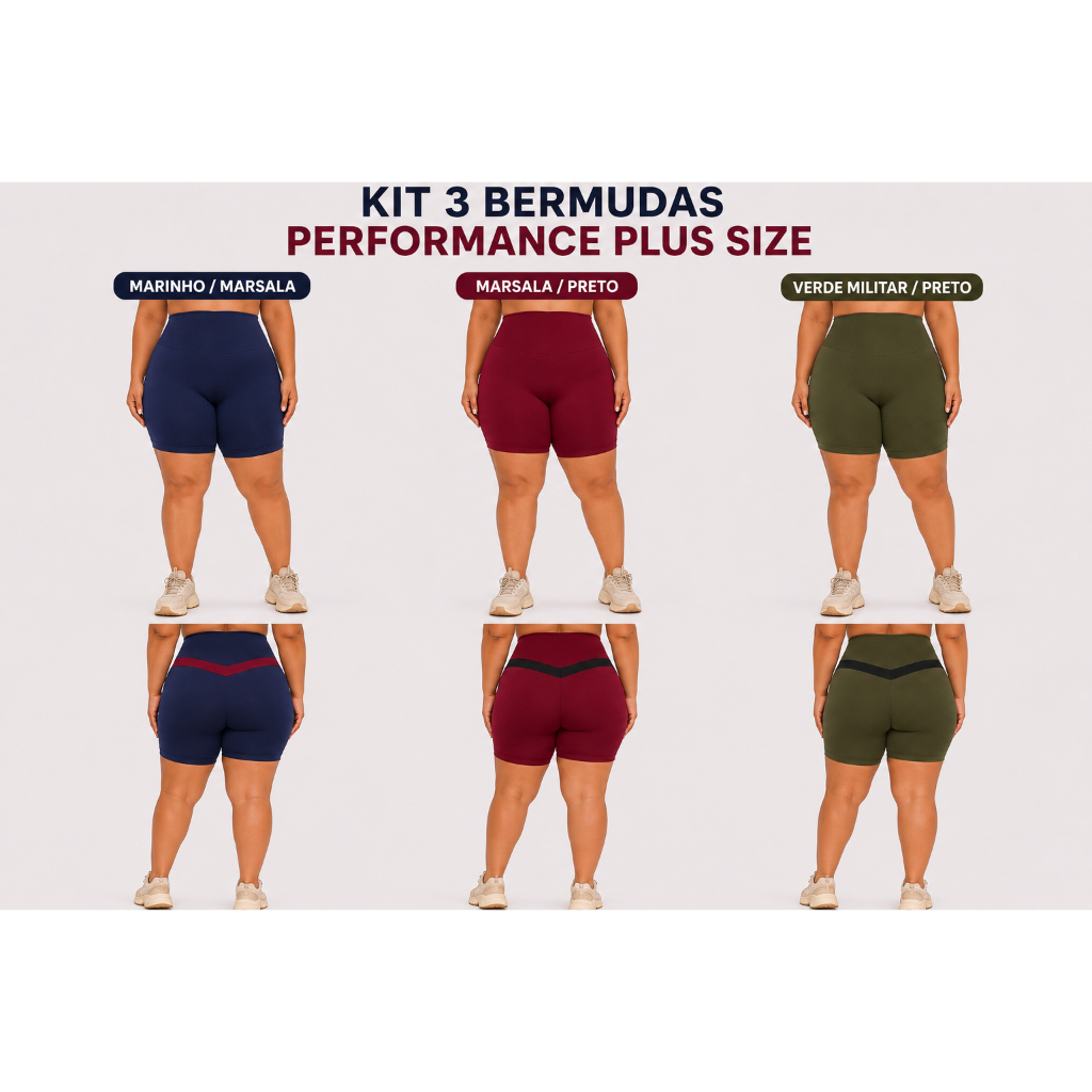 Bermuda Feminina Plus Size XG XGG EG Cós Alto Compressão Leve Suplex Premium Academia Yoga Pilates Corrida Caminhada
