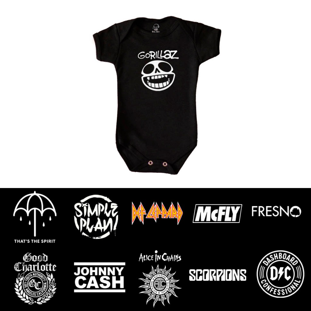 Body Bebê Rock com Logos Clássicos – Alice In Chains, Gorillaz, Simple Plan, Yellowcard + Bandas