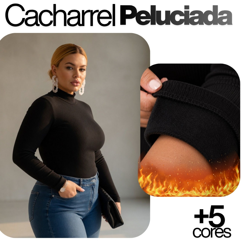 Blusa Cacharrel Plus Size Peluciada Manga Longa Malha Canelada Até G2
