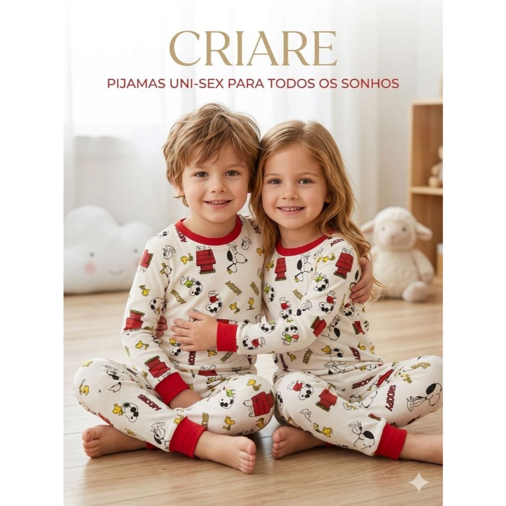 Pijama Infantil Snoopy 100% Algodão – Manga Longa 🐶