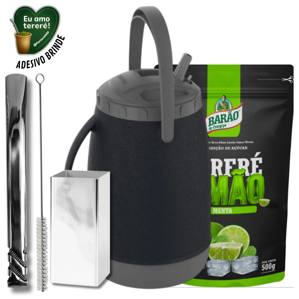 KIT Tereré Barao Erva Mate 500g c/ Garrafa Lisa Preta Atacama + Bomba Tereré v6 Inox + Copo Quadrado Inox + BRINDES