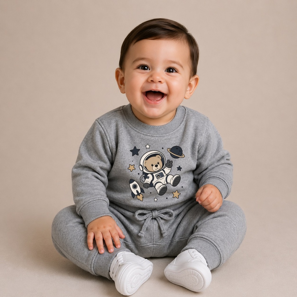 Conjunto De Moletom Masculino Cinza Mescla Ursinho Astronauta - Tamanhos De 0 a 12 Meses
