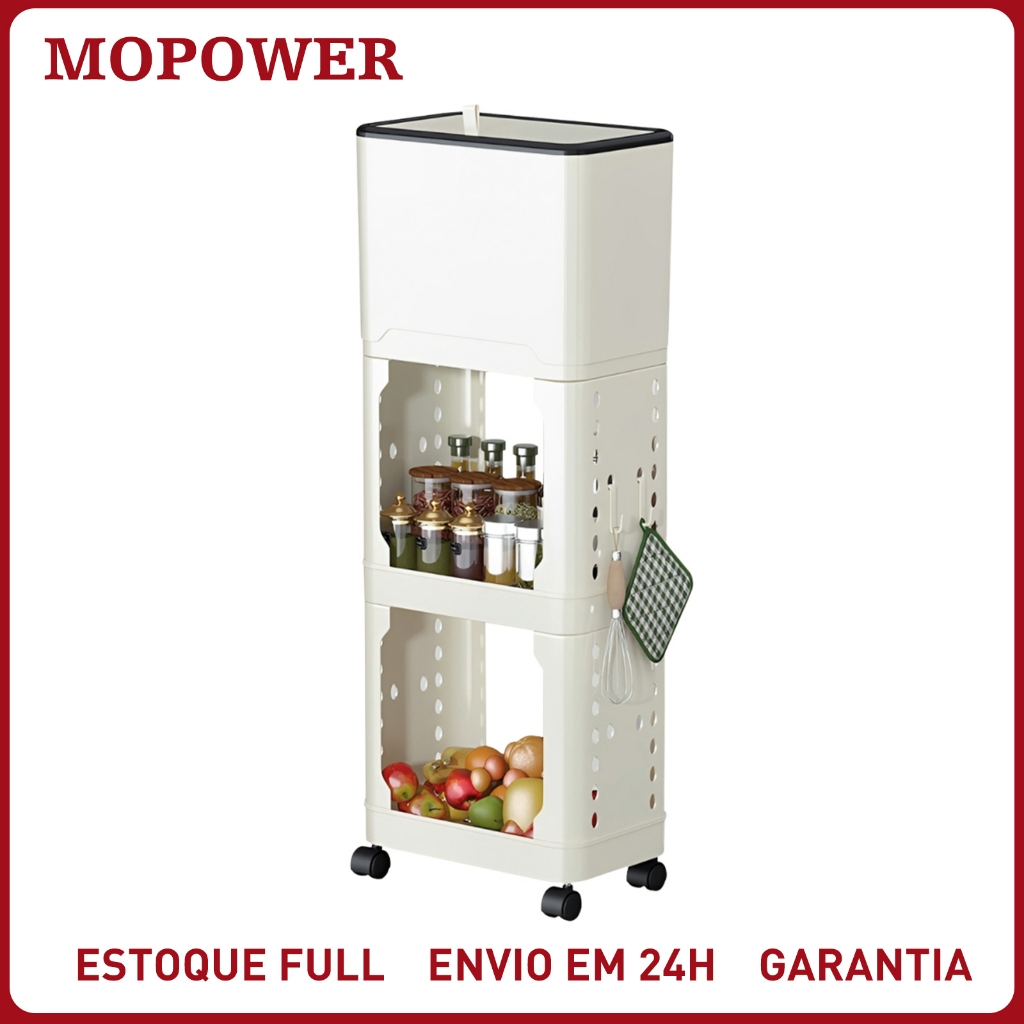 Lixeira Multifuncional Organizadora Cozinha Banheiro Rodízio 360 Portátil Cesto de Lixo com Prateleira Fruteira Tempero