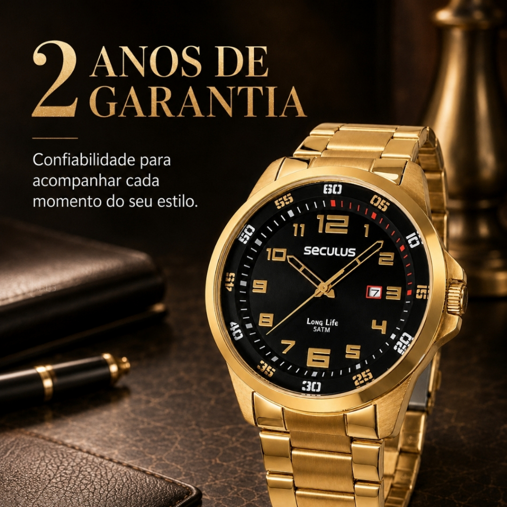 Relógio Seculus Masculino De Pulso Analógico Quartz Dourado Em Aço Inoxidável Esportivo Casual A Prova Dágua Original — imagem 2 de 2