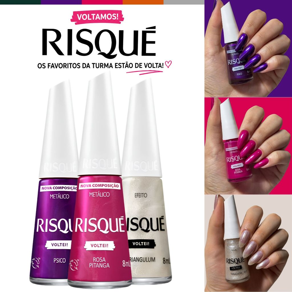 Kit Esmaltes Risqué Voltei Novas Cores Tons Metálicos Esmalte Atacado Lançamento
