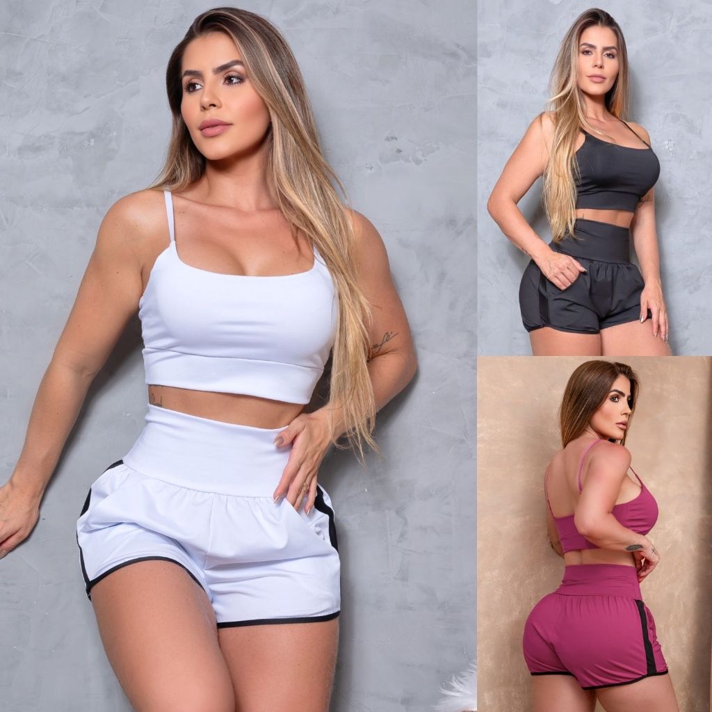 Conjunto Fitness Academia Treino Top Conforto Bojo Removível Short Modelador Cintura Alta Com Bolsos