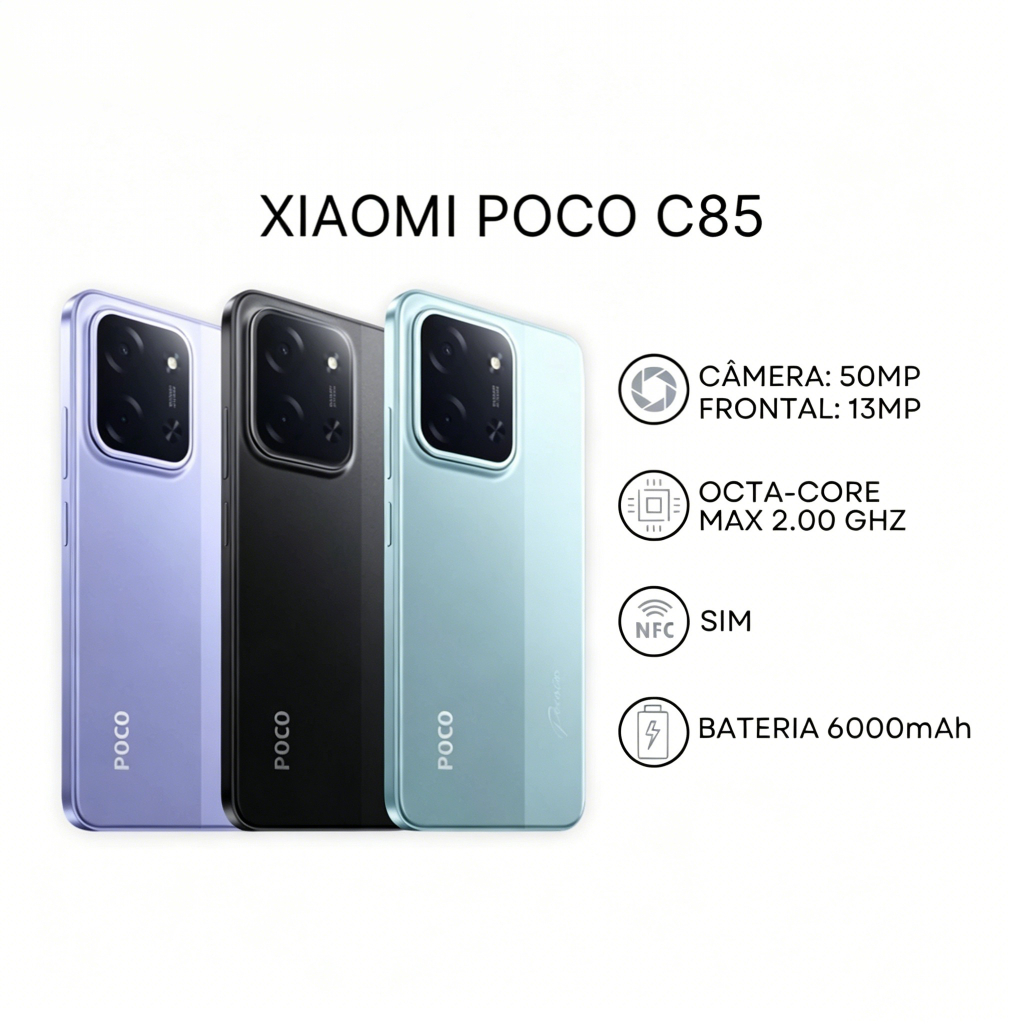 Xiaomi POCO C85 4G (Versão Global) Android 15 NFC Tela 6.9” 120Hz Bateria 6000mAh Carga Rápida