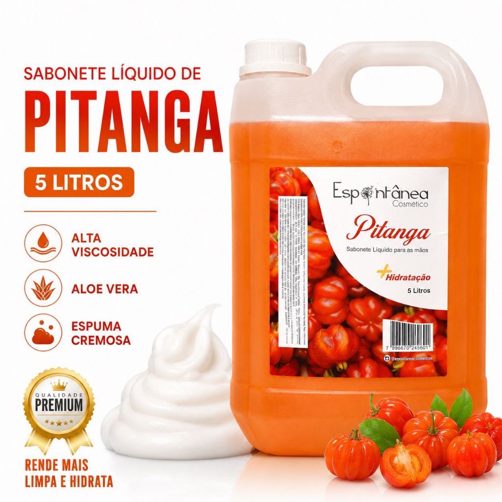 Sabonete Líquido Pitanga 5L Cremoso Hidratante Para Mãos Galão Limpeza Profunda Aloe Vera Premium.