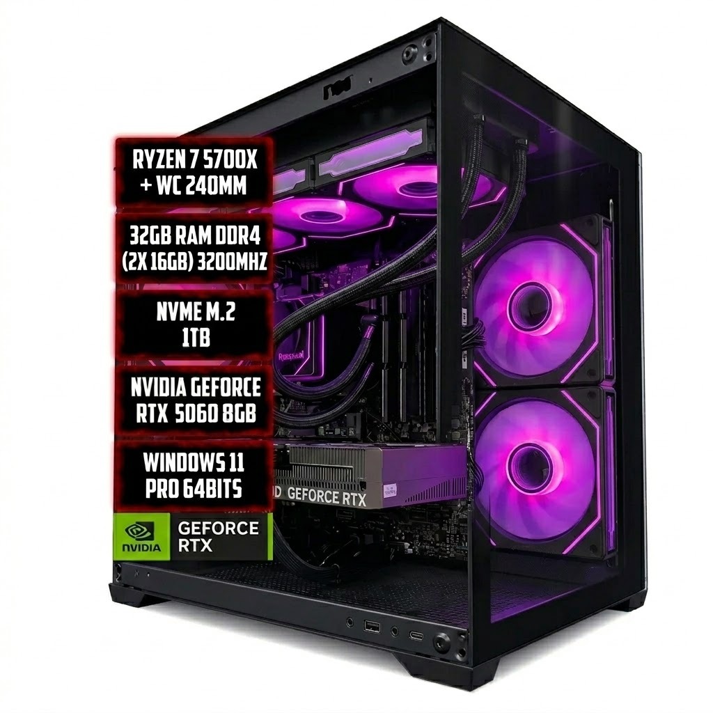 PC GAMER SHARINGAN 5700X, NVME 1TB, 32GB, NVIDIA RTX 5060 8GB, WINDOWS 11 PRO 64BITS