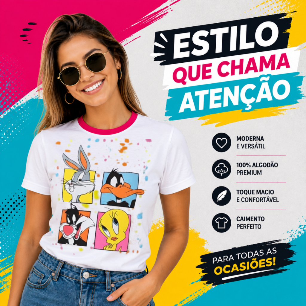 Camiseta Feminina Personagem Desenho Animado T-Shirt 100% Algodão Premium Estampada Várias Cores — imagem 2 de 2