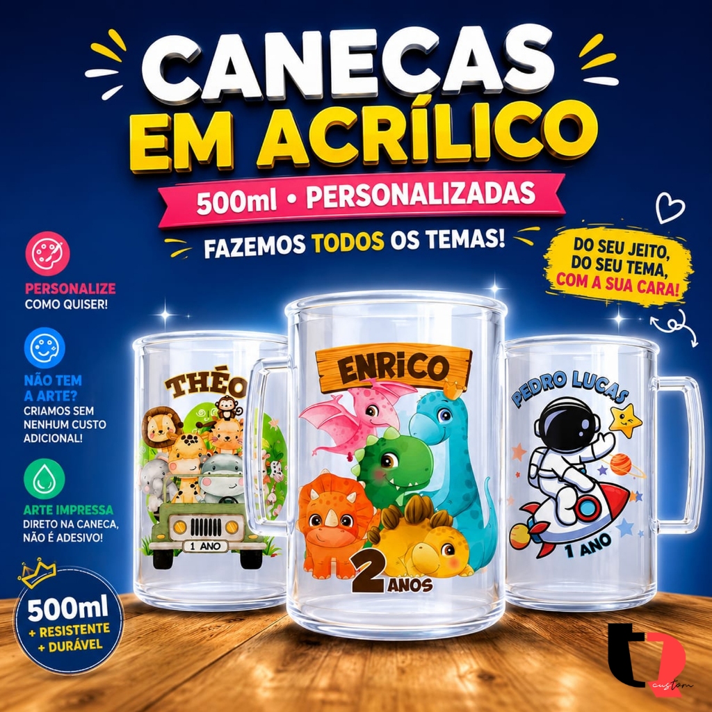 Kit Canecas 500ml Acrílico Personalizadas - Lembrancinha - Aniversário - Festa - Confraternização - Tema Infantil