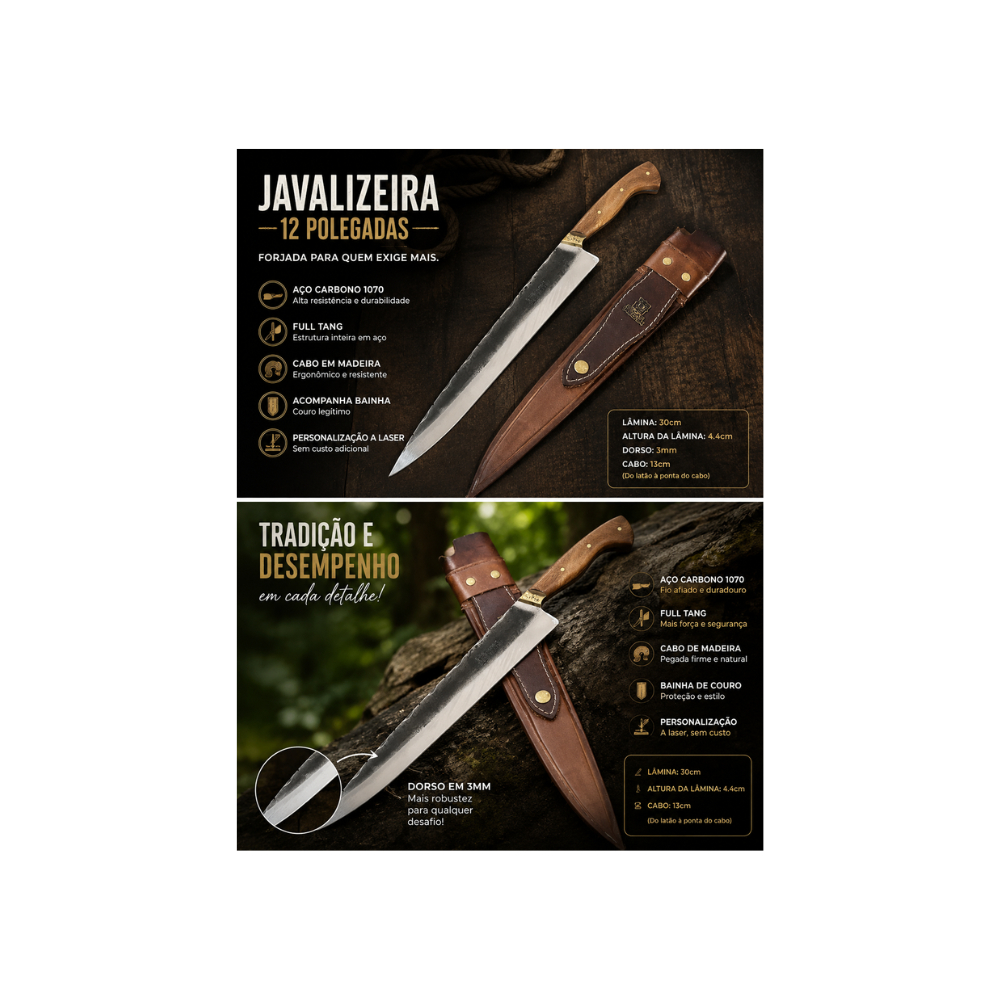 Faca Javalizeira Artesanal Churrasco 12  Polegadas Aço Carbono 1070  Cabo Madeira Gaúcha Bainha 100% Couro Personalize..