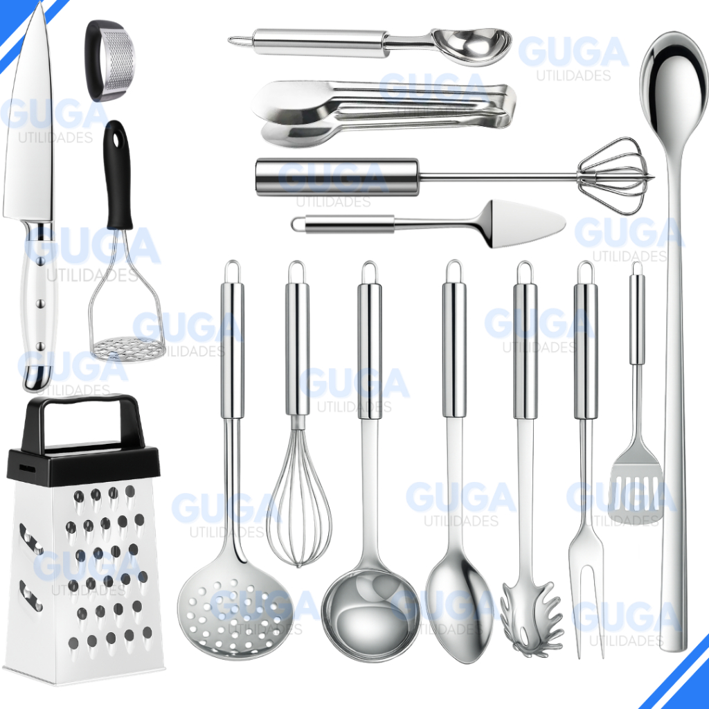 Utensílios Inox Premium – Concha, Espátula, Fouet, Mixer, Ralador, Pegadores, Faca e Amassadores,Faca,Colheres +