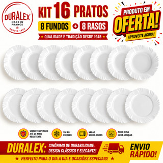 Kit 16 Pratos Pétala Duralex Vidro Resistente Opaline 8 Prato Fundo + 8 Prato Raso Jantar e  Almoço