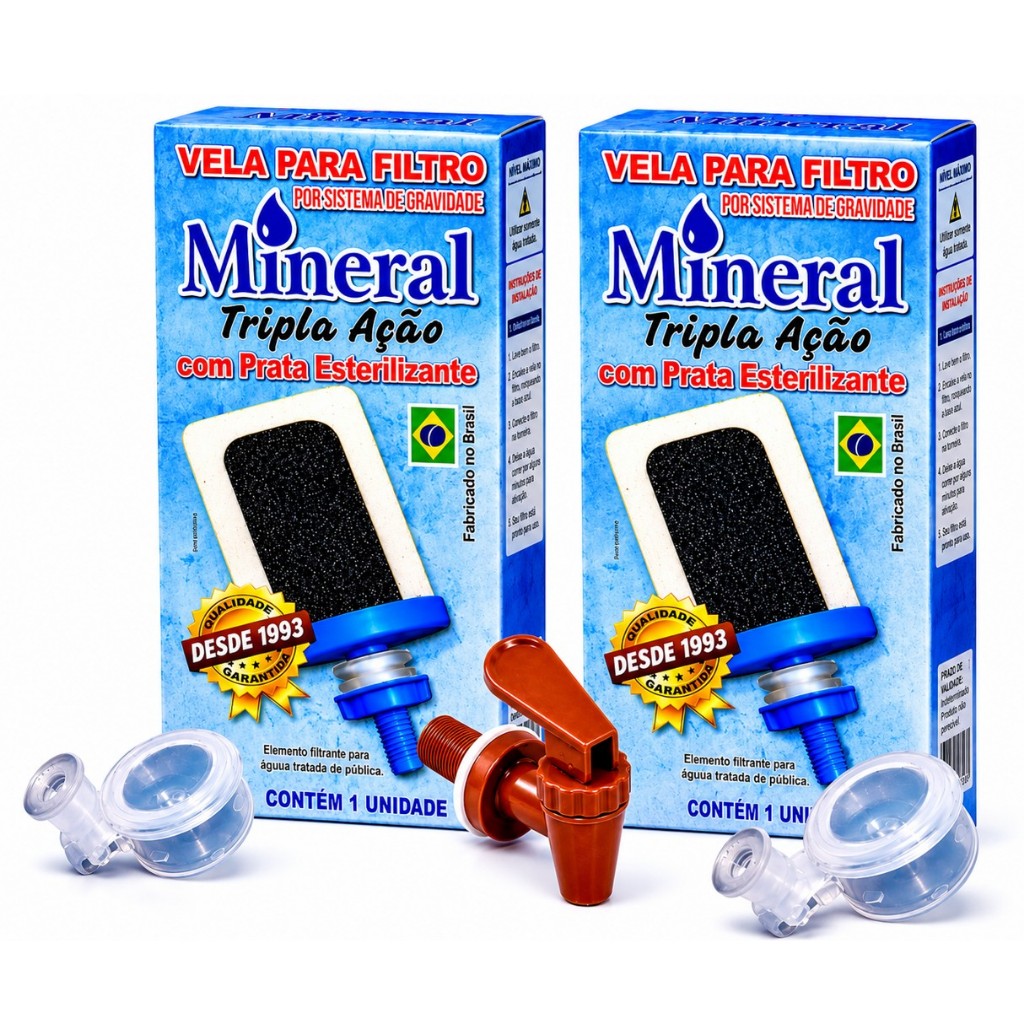 Kit Filtro de Barro 2 Velas Tripla Ação Alcalina, Carvão Ativado e Prata Coloidal + 2 Boias + 1 Torneira
