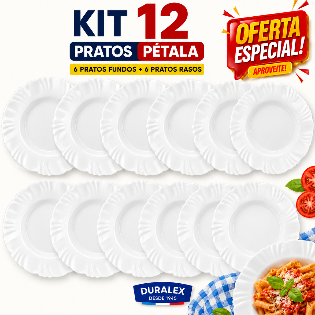 Kit 12 Pratos Pétala Duralex Vidro Resistente Opaline 6 Prato Fundo + 6 Prato Raso Jantar e  Almoço
