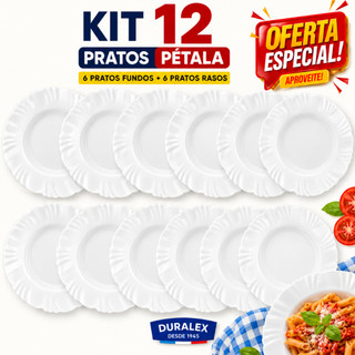 Kit 12 Pratos Pétala Duralex Vidro Resistente Opaline 6 Prato Fundo + 6 Prato Raso Jantar e  Almoço