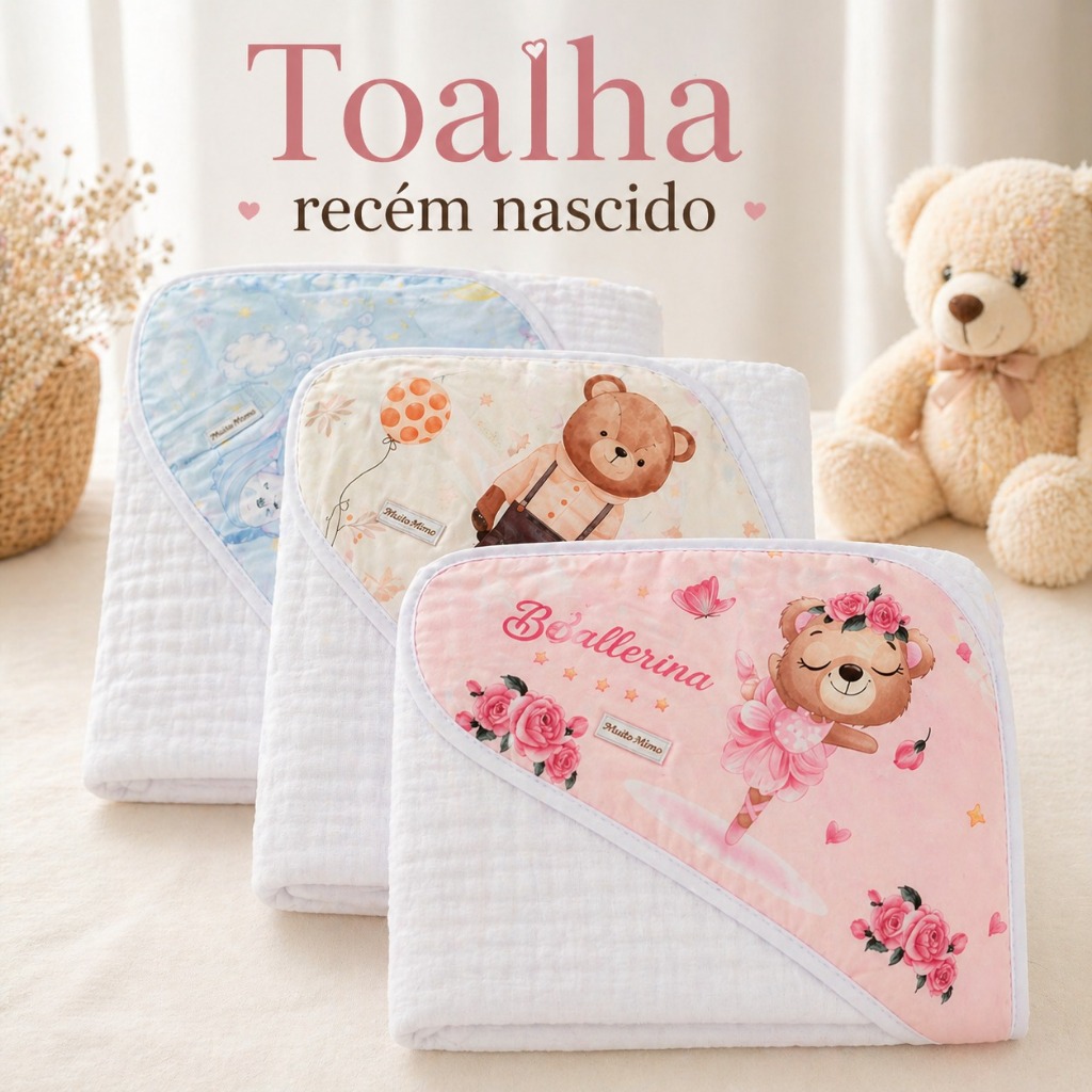 Toalha de Banho Bebê com Capuz Fralda 3 Camadas 100% Algodão Macia Absorvente 85x85cm Recém Nascido Enxoval