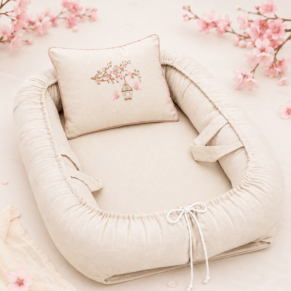 Ninho redutor de berço bebê menina linho luxo grande 100% algodão Bordado flor de cerejeira jardim